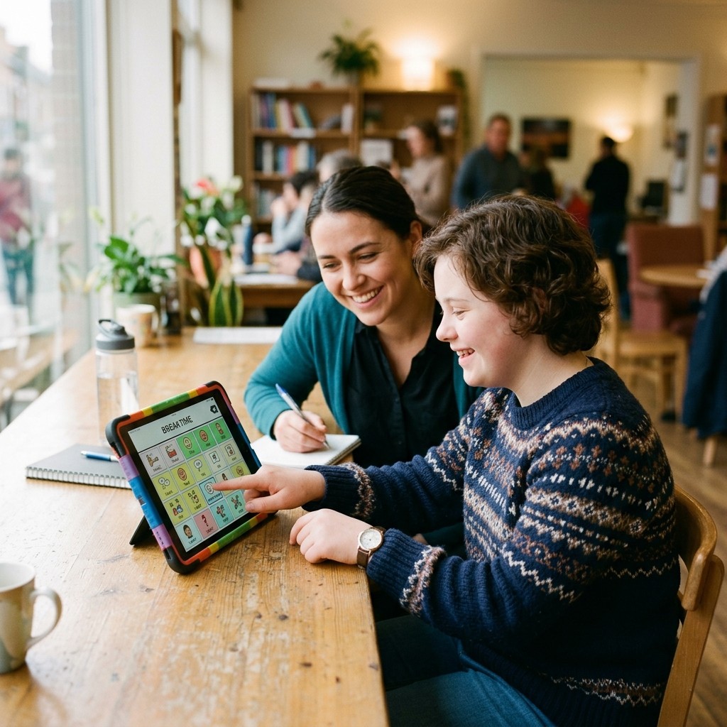 A teenager uses an AAC tablet with picture symbols to chat with a smiling support worker at a sunlit table.