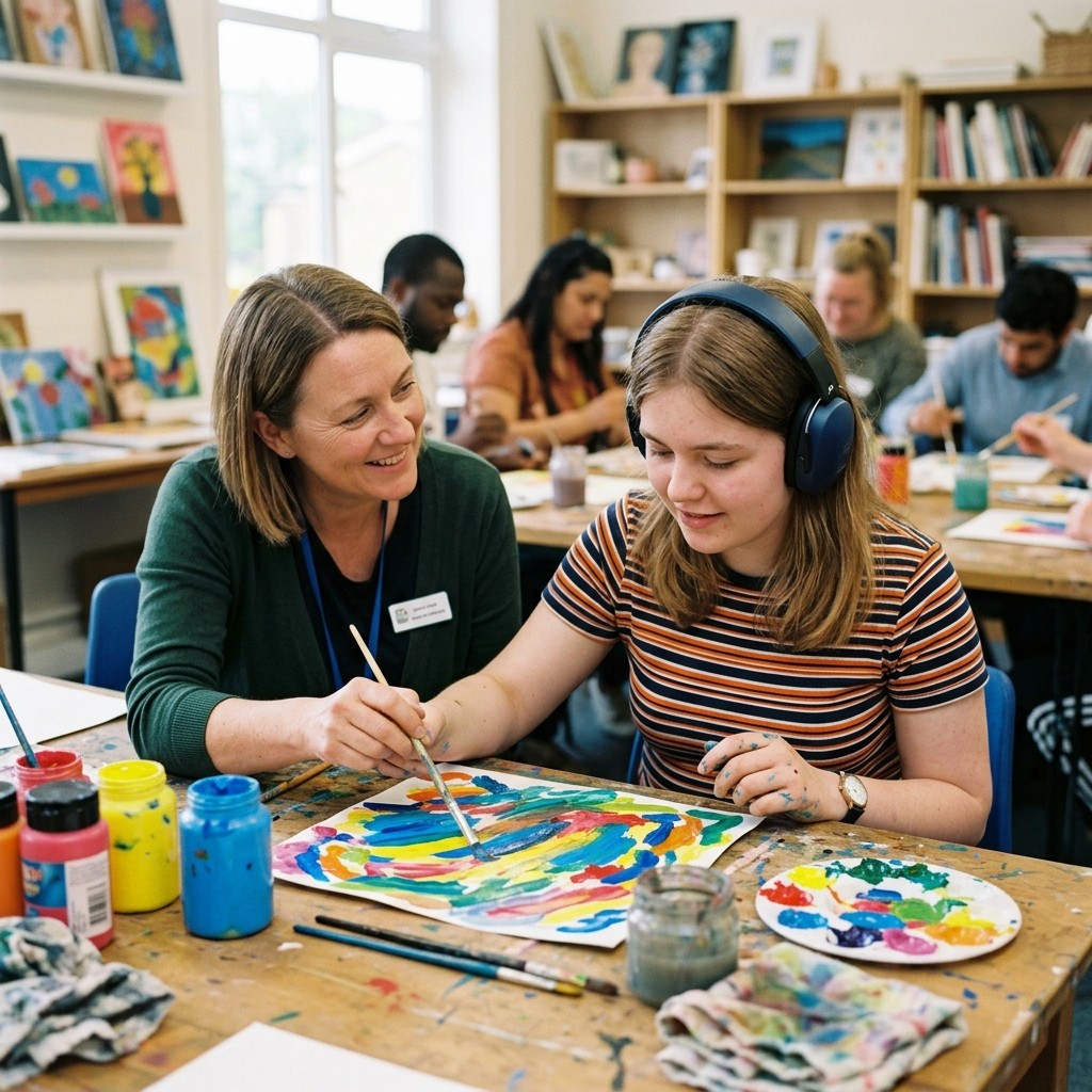 A young person wearing noise-reducing headphones paints with bright colours at a community centre table.