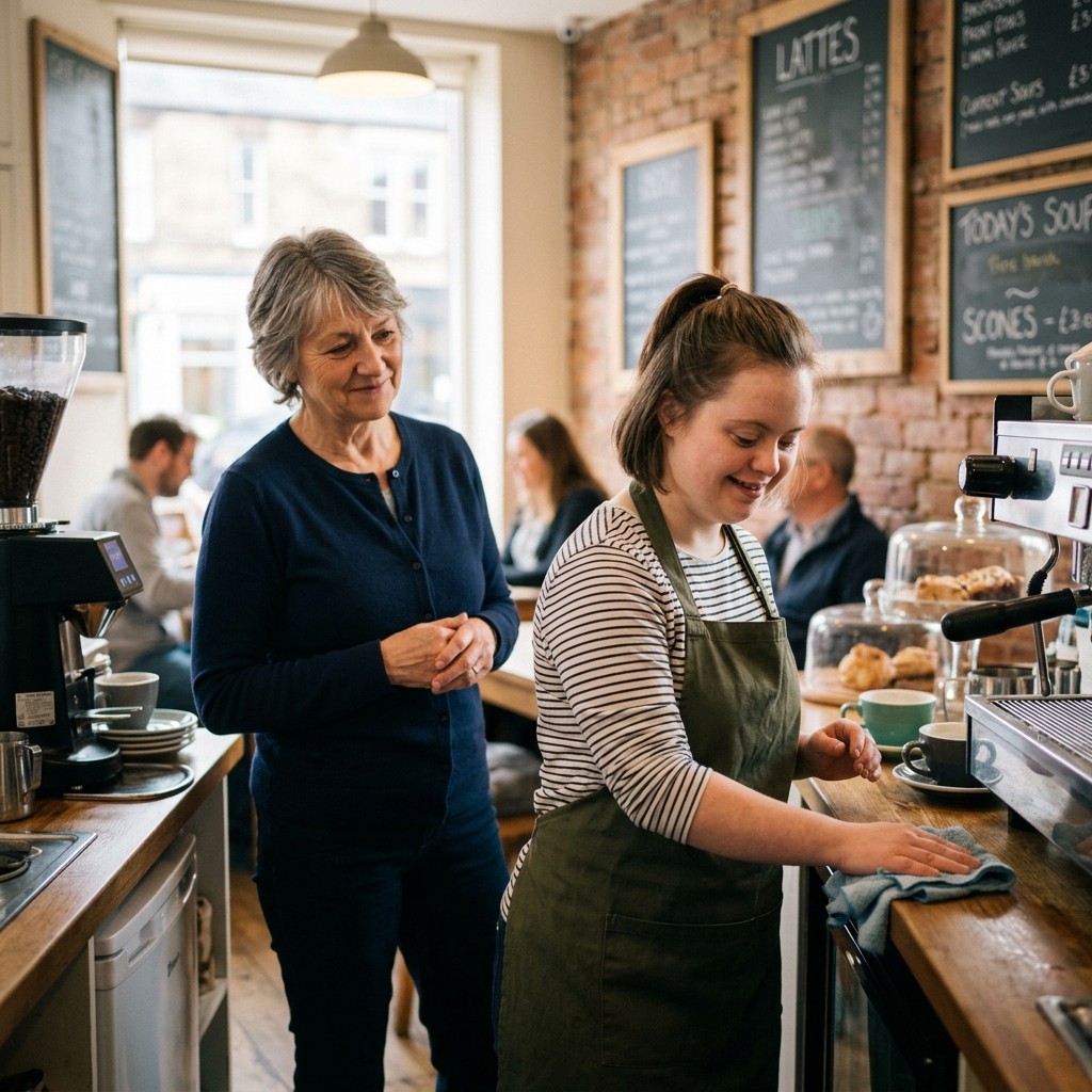 A young adult wipes down a café counter with quiet pride while a job coach stands supportively nearby.